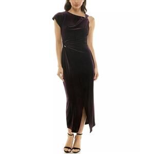 Taylor Women Plum Purple Velvet Event Asymmetrical Wrap Midi Dress Size US 14